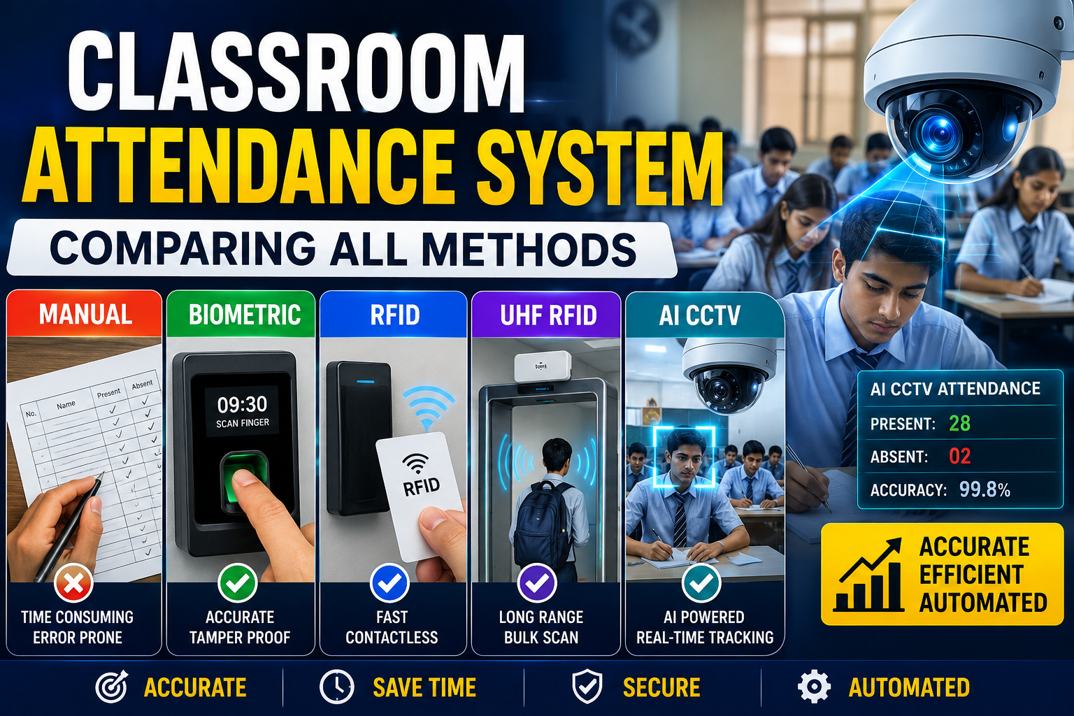 Classroom Attendance System: Comparing Manual, Biometric, RFID, UHF & AI CCTV Attendance Methods